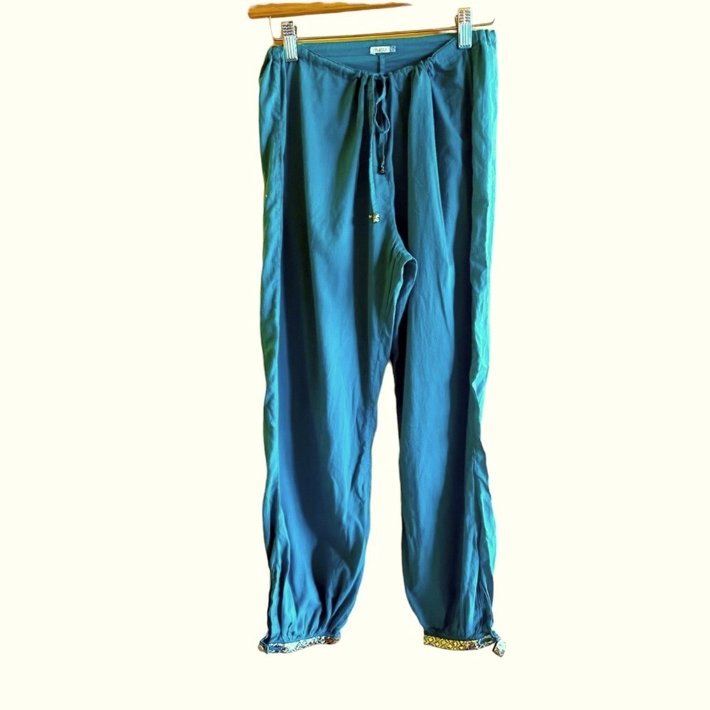 Matta Turquoise Pull on Style Genie or Haram Pants with Gold Brocade Ankle Trim